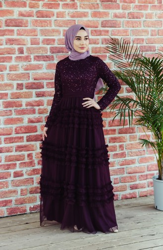 Robe de Soirée en Tulle Détail Paillettes 52770-01 Plum 52770-01