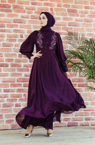 Sequin Detailed Evening Dress 52771-01 Damson 52771-01