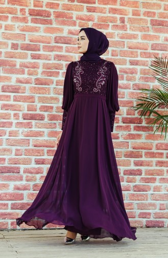 Sequin Detailed Evening Dress 52771-01 Damson 52771-01