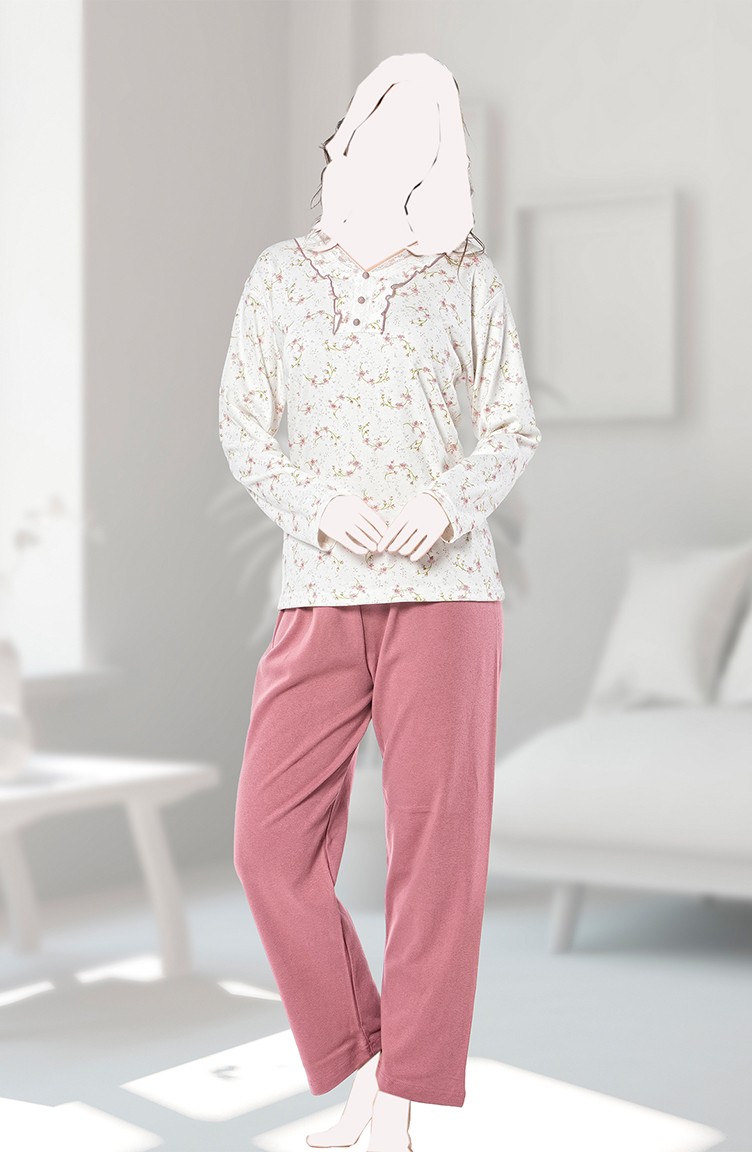 Tampap Kadın Yakası Güpürlü Pamuklu Pijama Takımı TP8102-01 Pembe