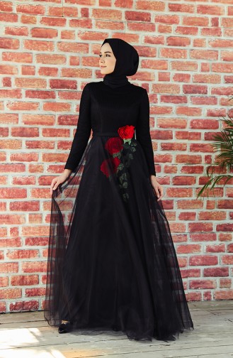 Embroidery Detailed Evening Dress 8145-03 Black 8145-03