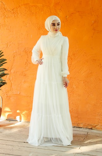 Ecru Hijab Evening Dress 1034-01