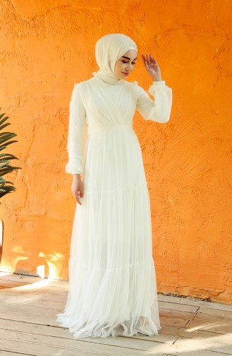 Ecru Hijab Evening Dress 1034-01