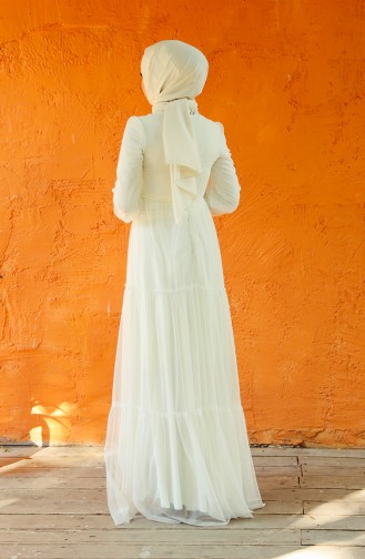 Ecru Hijab Evening Dress 1034-01