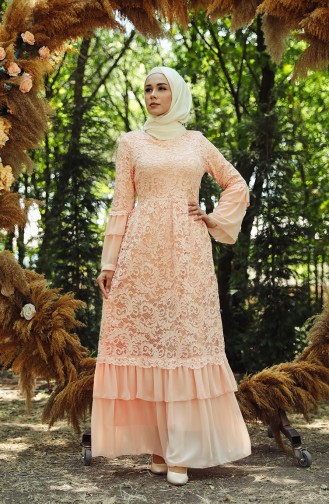 Lace Covering Evening Dress 7584-01 Salmon 7584-01