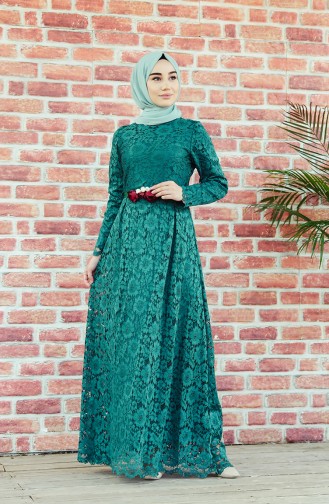 Belted Lace Evening Dress 7596-01 Emerald Green 7596-01