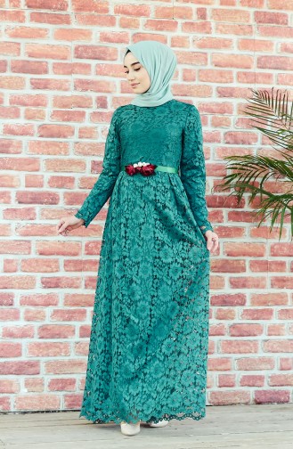 Belted Lace Evening Dress 7596-01 Emerald Green 7596-01