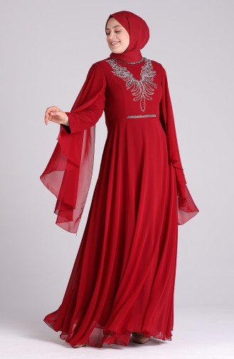Büyük Beden İncili Abiye Elbise 2058-02 Kırmızı