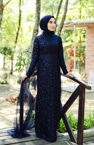 Navy Blue İslamitische Avondjurk 5345-07