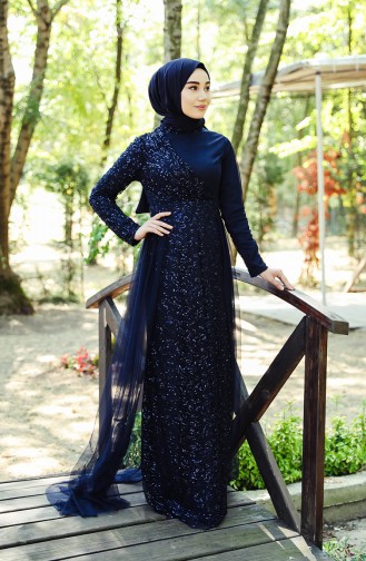 Navy Blue İslamitische Avondjurk 5345-07