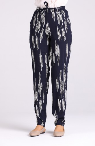 Patterned Viscose Trousers 1191-34 Navy Blue 1191-34