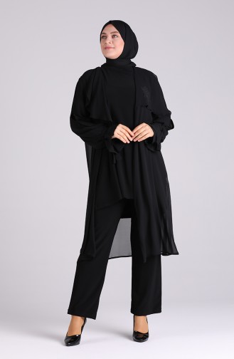 Büyük Beden Taş Baskılı Tunik Ceket İkili Takım 8018A-01 Siyah
