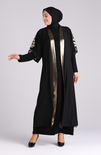 Büyük Beden Elbise Abaya İkili Takım 8058-01 Siyah Gold