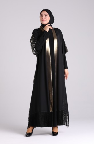 Büyük Beden Elbise Abaya İkili Takım 8059-01 Siyah Gold