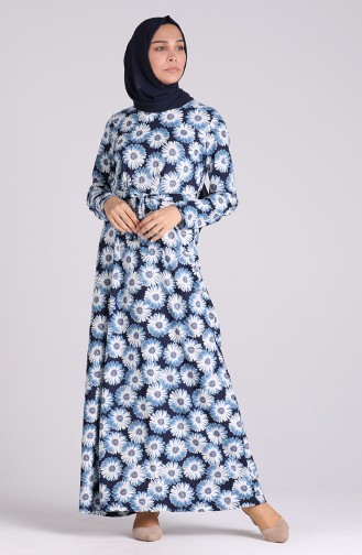 Patterned Belted Dress 5709-03 Navy Blue 5709-03