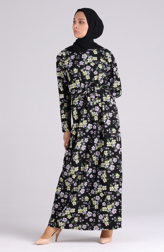 Patterned Belted Dress 5709t-01 Black 5709T-01