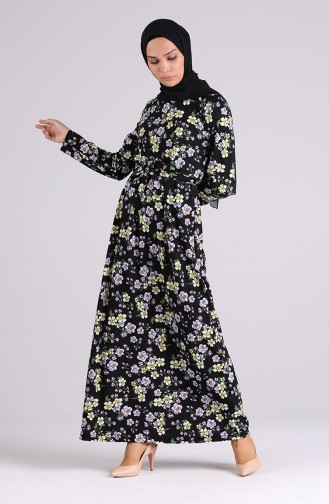 Patterned Belted Dress 5709t-01 Black 5709T-01