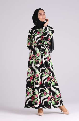 Desenli Kuşaklı Elbise 5709U-01 Siyah