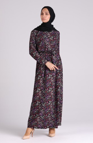 Pattern Belted Dress 5709v-02 Black Purple 5709V-02