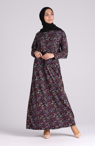 Pattern Belted Dress 5709v-02 Black Purple 5709V-02