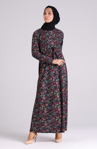 Patterned Belted Dress 5709v-03 Black Green 5709V-03