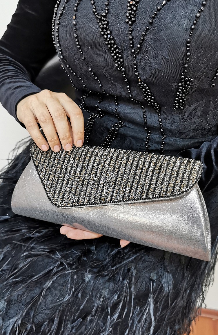 Bayan Clutch Portfoy Cizgili Tasli Canta 421118 209 Platin Sefamerve