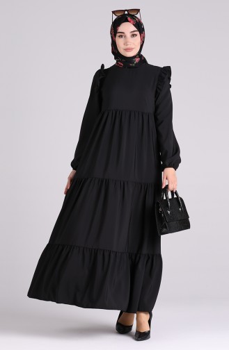 Elastic Sleeve Gathered Dress 3100a-02 Black 3100A-02