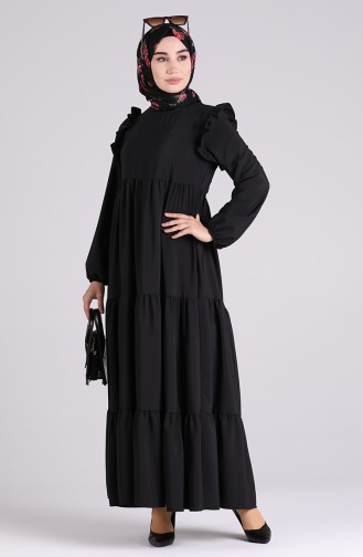 Elastic Sleeve Gathered Dress 3100a-02 Black 3100A-02
