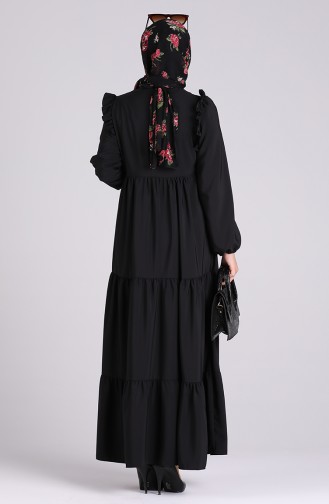 Elastic Sleeve Gathered Dress 3100a-02 Black 3100A-02