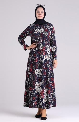 Patterned Belted Dress 5709z-03 Navy Blue white 5709YZ03