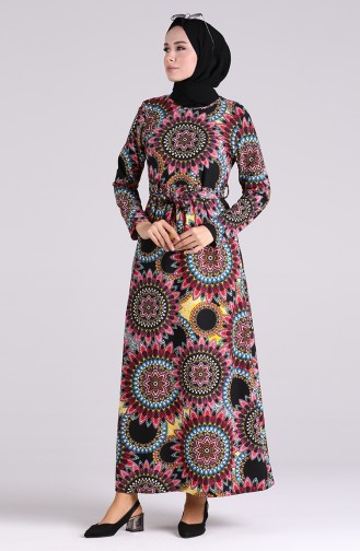 Patterned Belted Dress 5710-01 Purple 5710-01