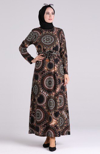 Patterned Belted Dress 5710-02 Black Khaki 5710-02