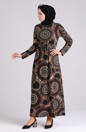 Patterned Belted Dress 5710-02 Black Khaki 5710-02