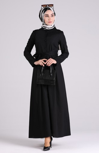 Boydan Düğmeli Kuşaklı Elbise 60181-02 Siyah