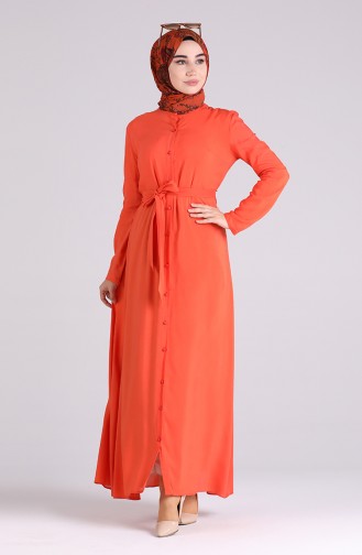Boydan Düğmeli Kuşaklı Elbise 60181A-02 Oranj