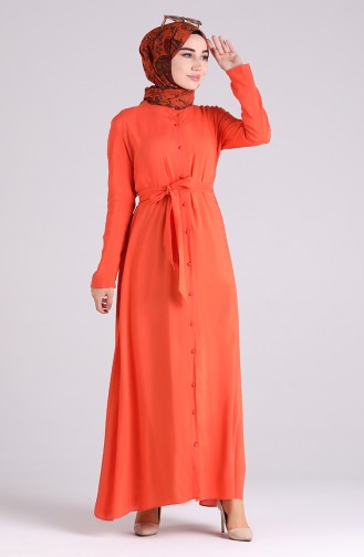 Boydan Düğmeli Kuşaklı Elbise 60181A-02 Oranj