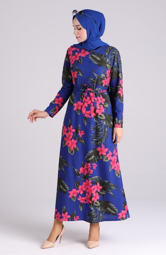 Patterned Belted Dress 5708u-02 Saxe Blue 5708U-02