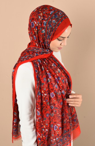 Çiçek Desenli Pamuklu Şal 24100-06 Kırmızı