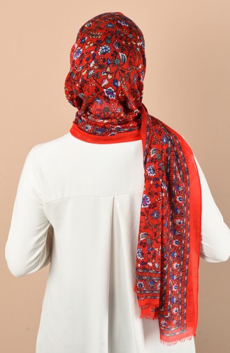 Çiçek Desenli Pamuklu Şal 24100-06 Kırmızı