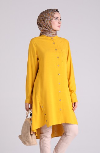 Düğmeli Keten Tunik 5035-04 Hardal