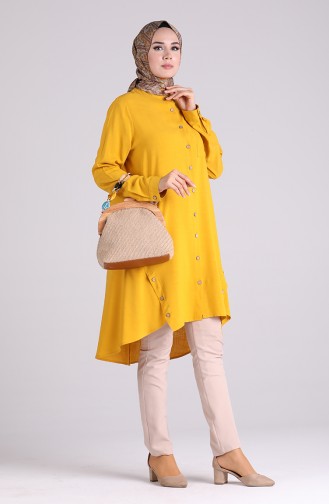 Düğmeli Keten Tunik 5035-04 Hardal