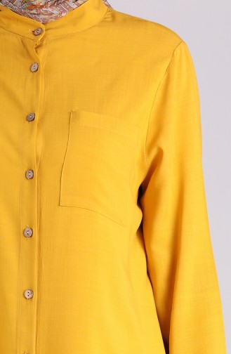 Düğmeli Keten Tunik 5035-04 Hardal