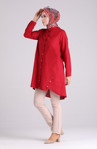 Düğmeli Keten Tunik 5035-06 Bordo