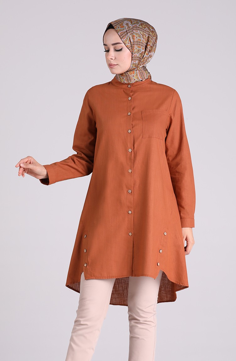 Düğmeli Keten Tunik 5035-07 Taba