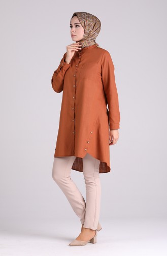Düğmeli Keten Tunik 5035-07 Taba