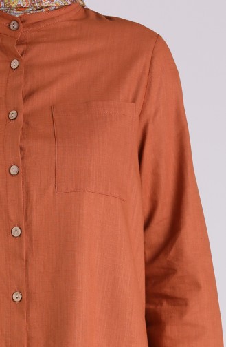 Düğmeli Keten Tunik 5035-07 Taba