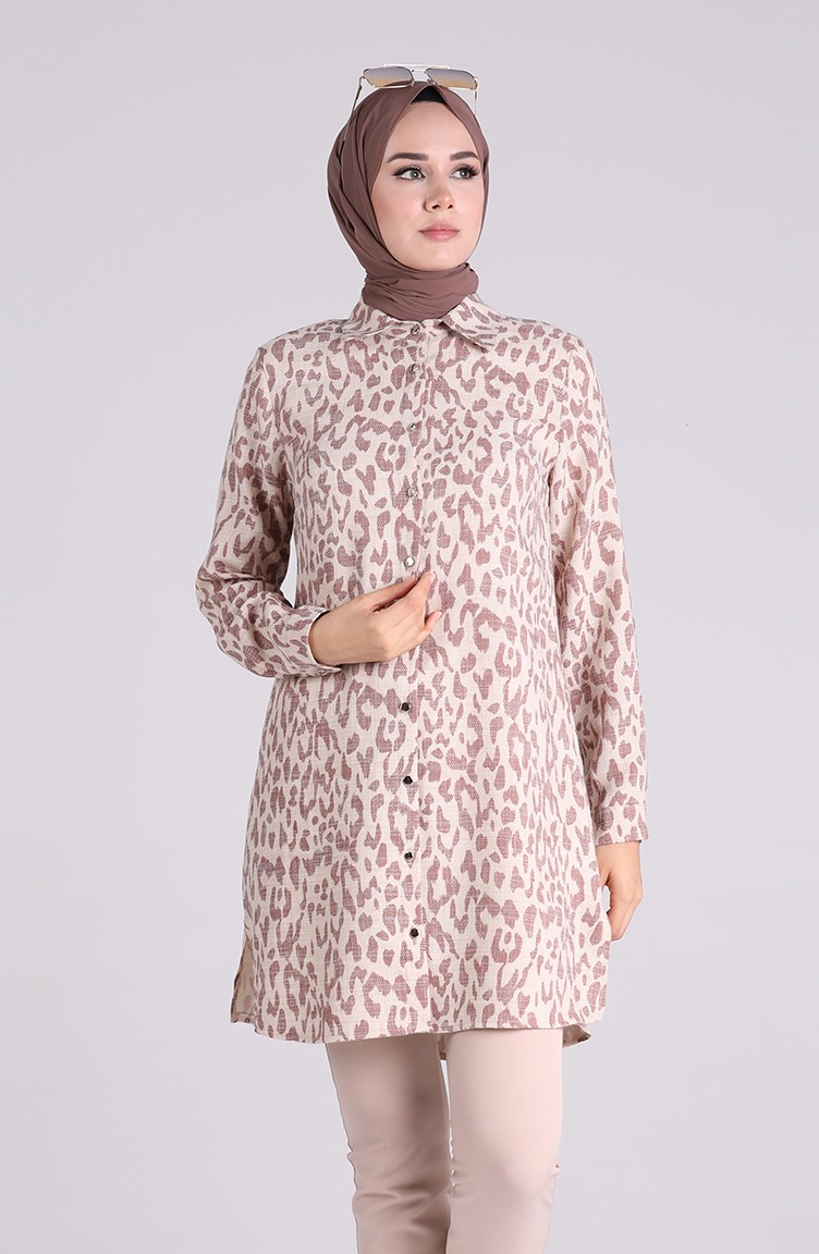 Düğmeli Keten Tunik 5036A-01 Bordo