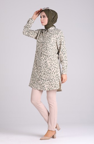 Düğmeli Keten Tunik 5036A-03 Haki