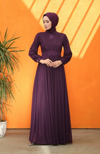 Pleated Silvery Evening Dress 5067-02 Purple 5067-02