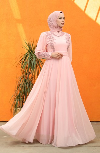 Pileli Simli Abiye Elbise 5073-01 Toz Pembe